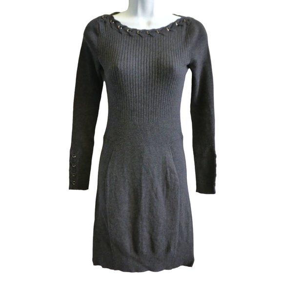 Cache Charcoal Grey Sweater Dress Lace Up Neckline Cuffs Ribbed Knit Bodycon S - Picture 2 of 6